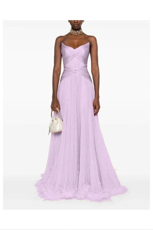 Chic Pink Sweetheart Sleeveless Pleated Prom Dress with Feather