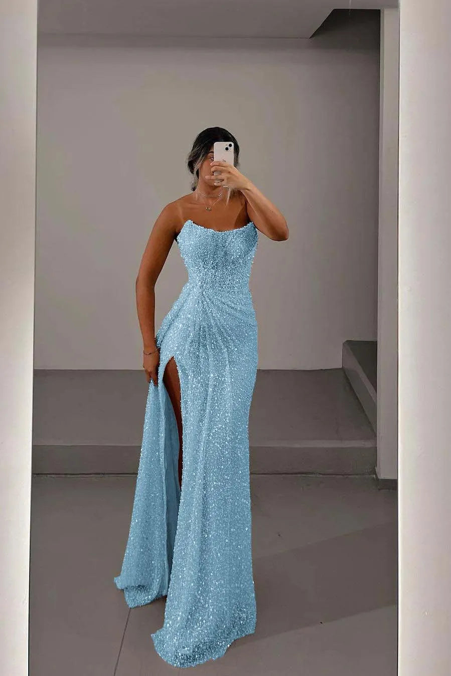 Glamorous Light Pink Sequins Strapless Sleeveless Long Prom Dress with Split