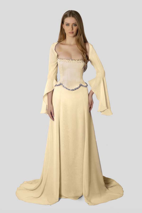 Stunning Square Neck Beaded Long Ruffles Sleeves Prom Dress