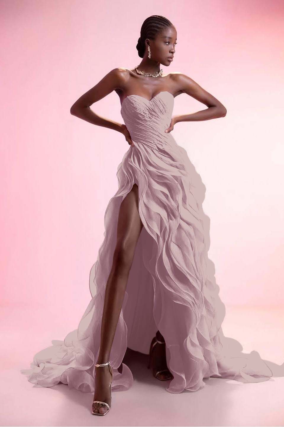 Stunning Pink Strapless Sleeveless Ruffles Pleated Split Prom Dress
