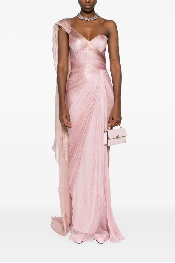 Charming Pink One Shoulder Sleeveless Pleated Prom Dress with Train