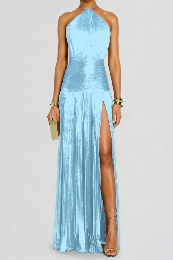 Charming Green Halter Sleeveless Backless Split Prom Dress with Pleated