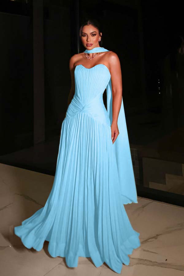 Glamorous Strapless Sleeveless Pleated Long Prom Dress with Scarf