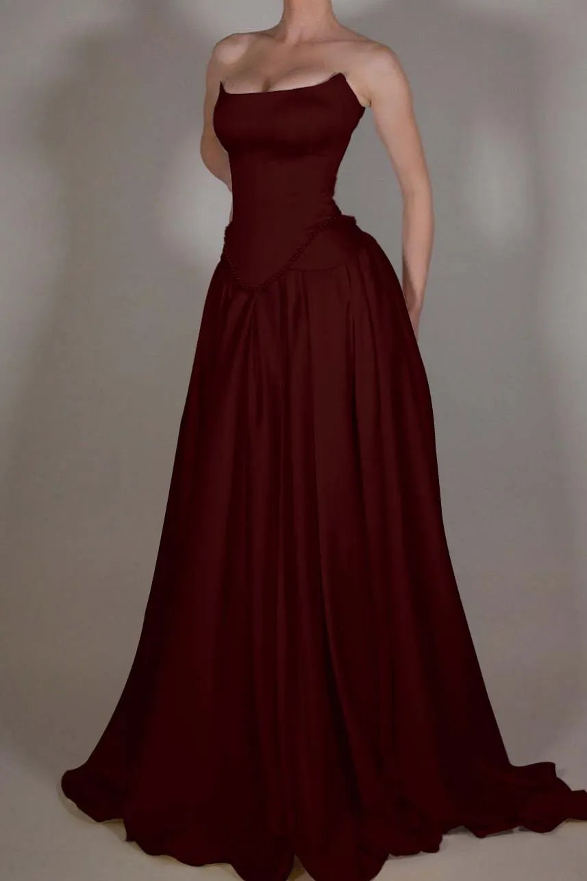 Exquisite Satin Ivory Sleeveless Strapless Long Pleated Prom Dress with Beadings