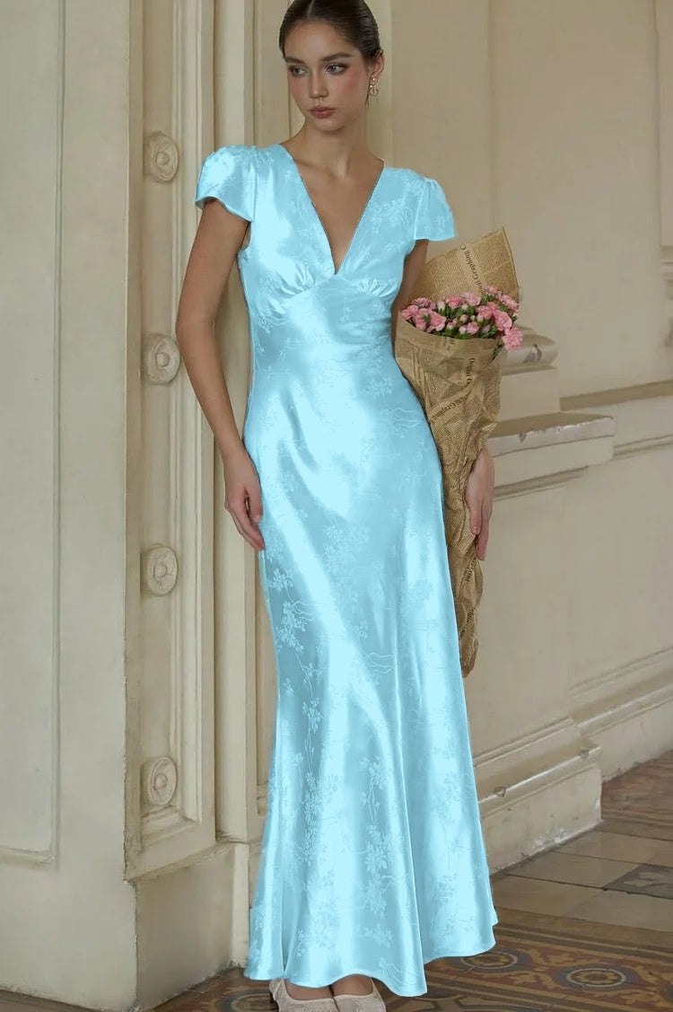 Stunning Silver Satin Sleeveless V Neck Long Prom Dress with Print