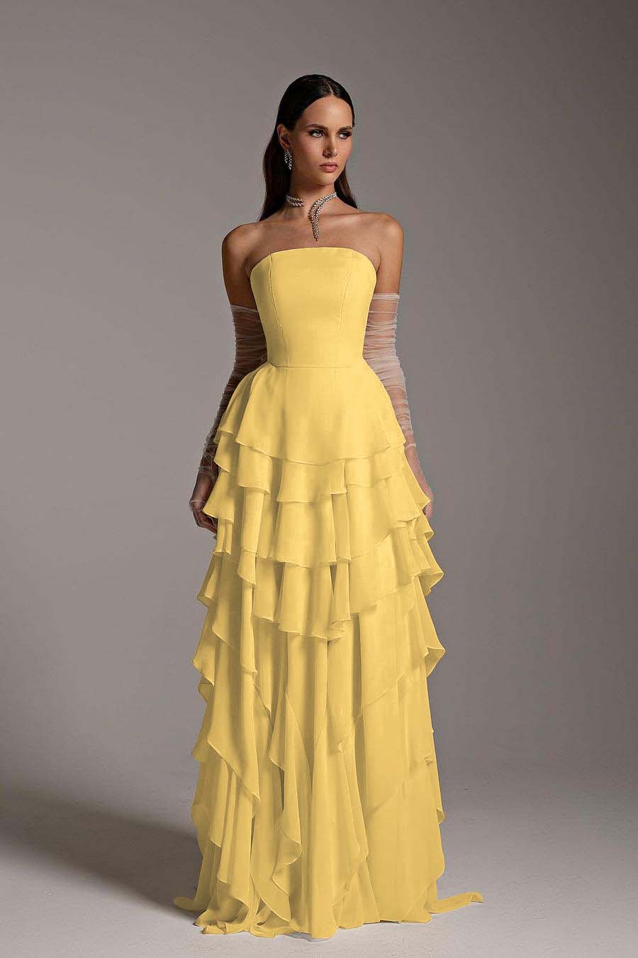 Charming Daffodil Chiffon Sleeveless Strapless Long Cake Prom Dress with Gloves