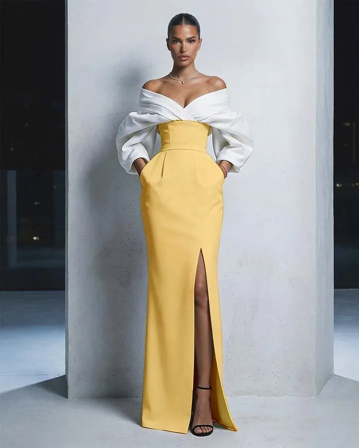 Charming  Long Sleeves Black And White Off-The-Shoulder Split Long Prom Dress