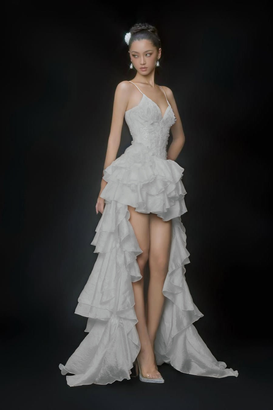 Stunning White Sleeveless Spaghetti Strap V Neck Long Prom Dress with Ruffles