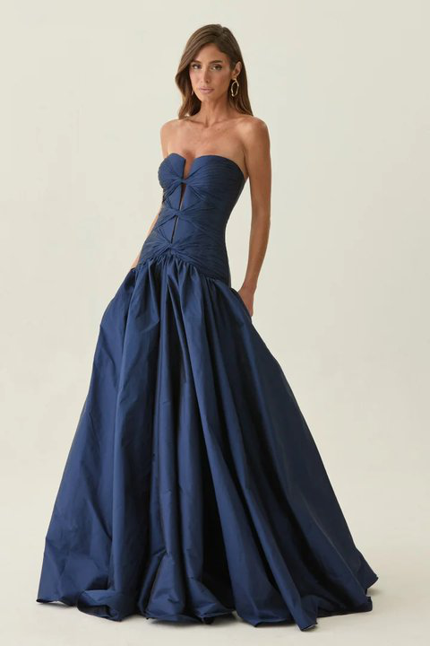 Elegant Dark Navy Sleeveless Strapless Long Prom Dress with Corset