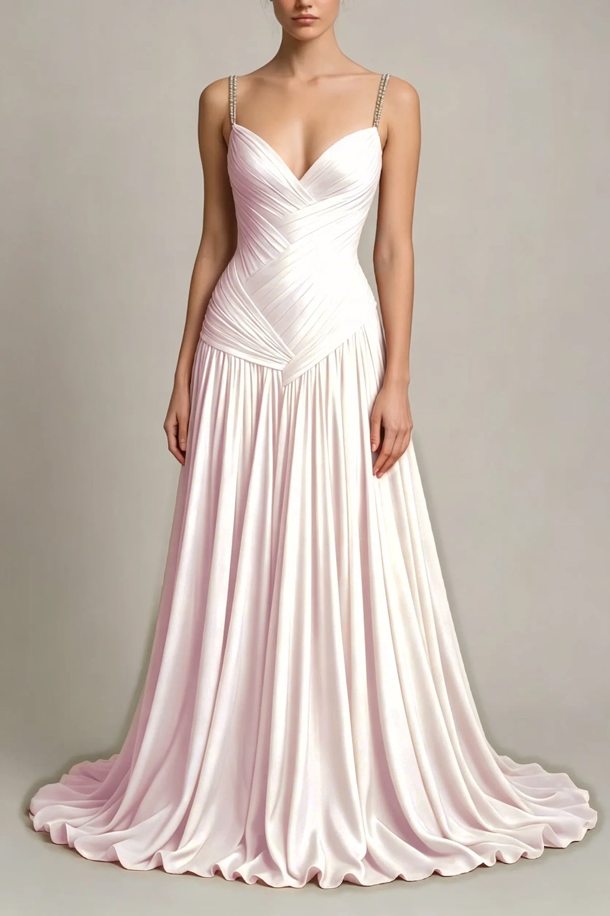 Charming Dusty Blue Sleeveless Spaghetti Strap Long Prom Dress with V Neck