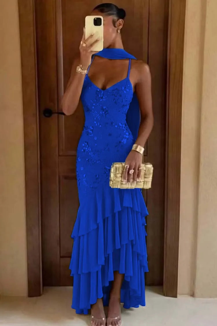 Chic Green Chiffon Sleeveless Spaghetti Strap Ruffles Hem Long Prom Dress with Scarf