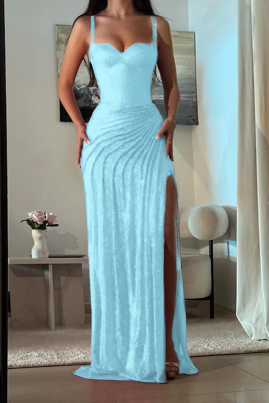 Amazing Fuchsia Sequins Spaghetti Strap Sweetheart Sleeveless Pleated Prom Dress with Split