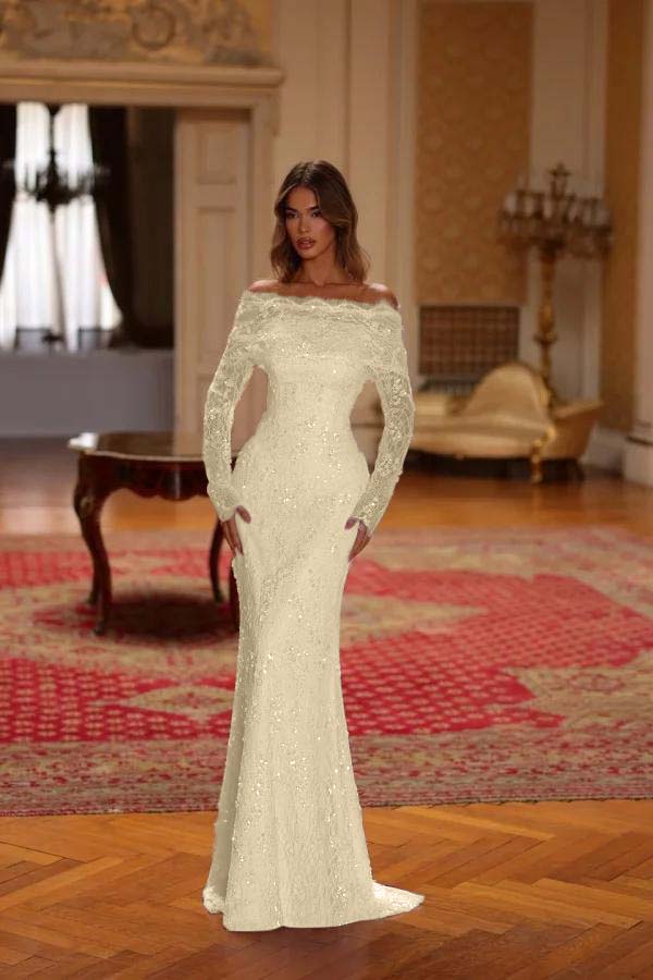 Chic Pink Lace Bateau Neck Long Sleeves Sequins Mermaid Prom Dress
