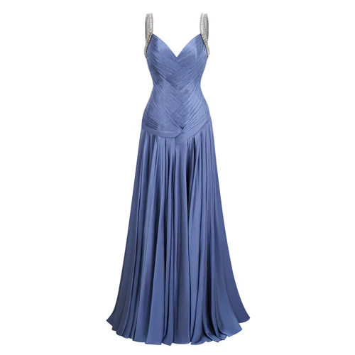 Charming Dusty Blue Sleeveless Spaghetti Strap Long Prom Dress with V Neck