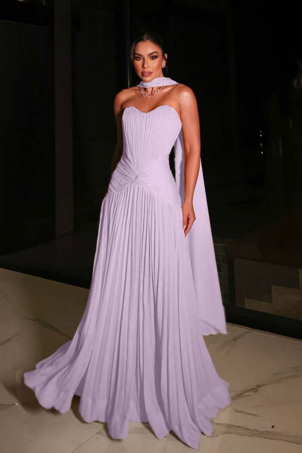 Glamorous Strapless Sleeveless Pleated Long Prom Dress with Scarf