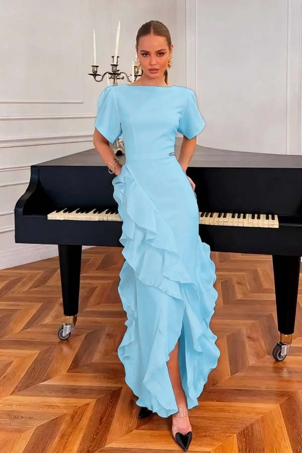 Charming Black Jewel Neck Short Sleeves Ruffles Prom Dress with Split