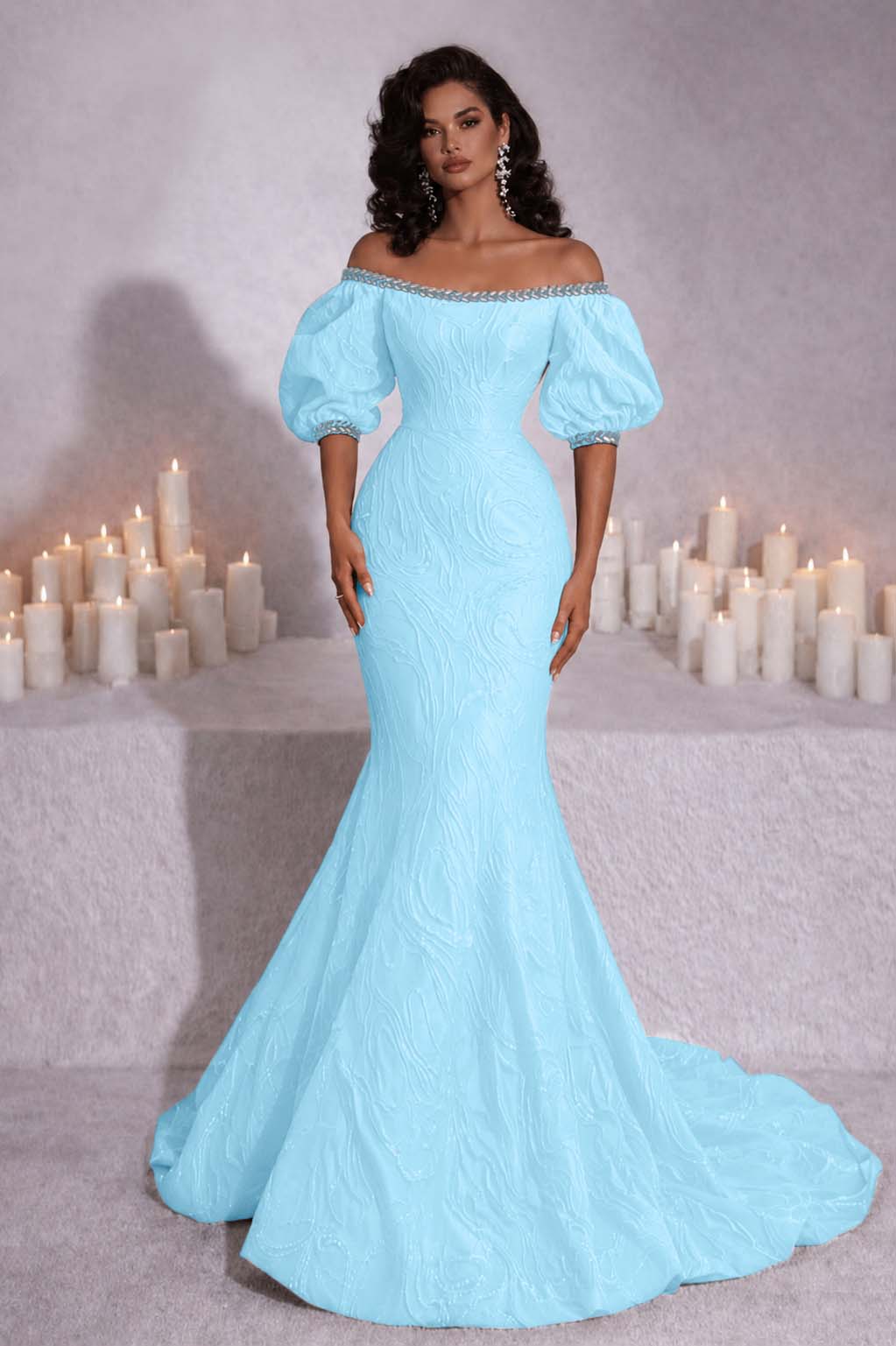 Stunning Black Strapless Off the Shoulder Bubble Sleeves Sweep Prom Dress
