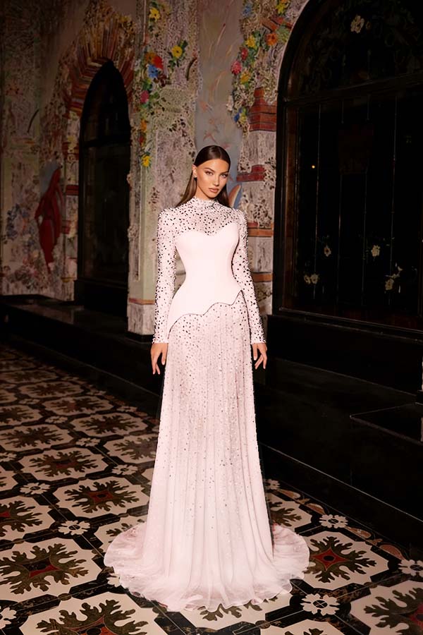 Stunning Ink Blue High Neck Long Sleeves Rhinestone Sweep Prom Dress