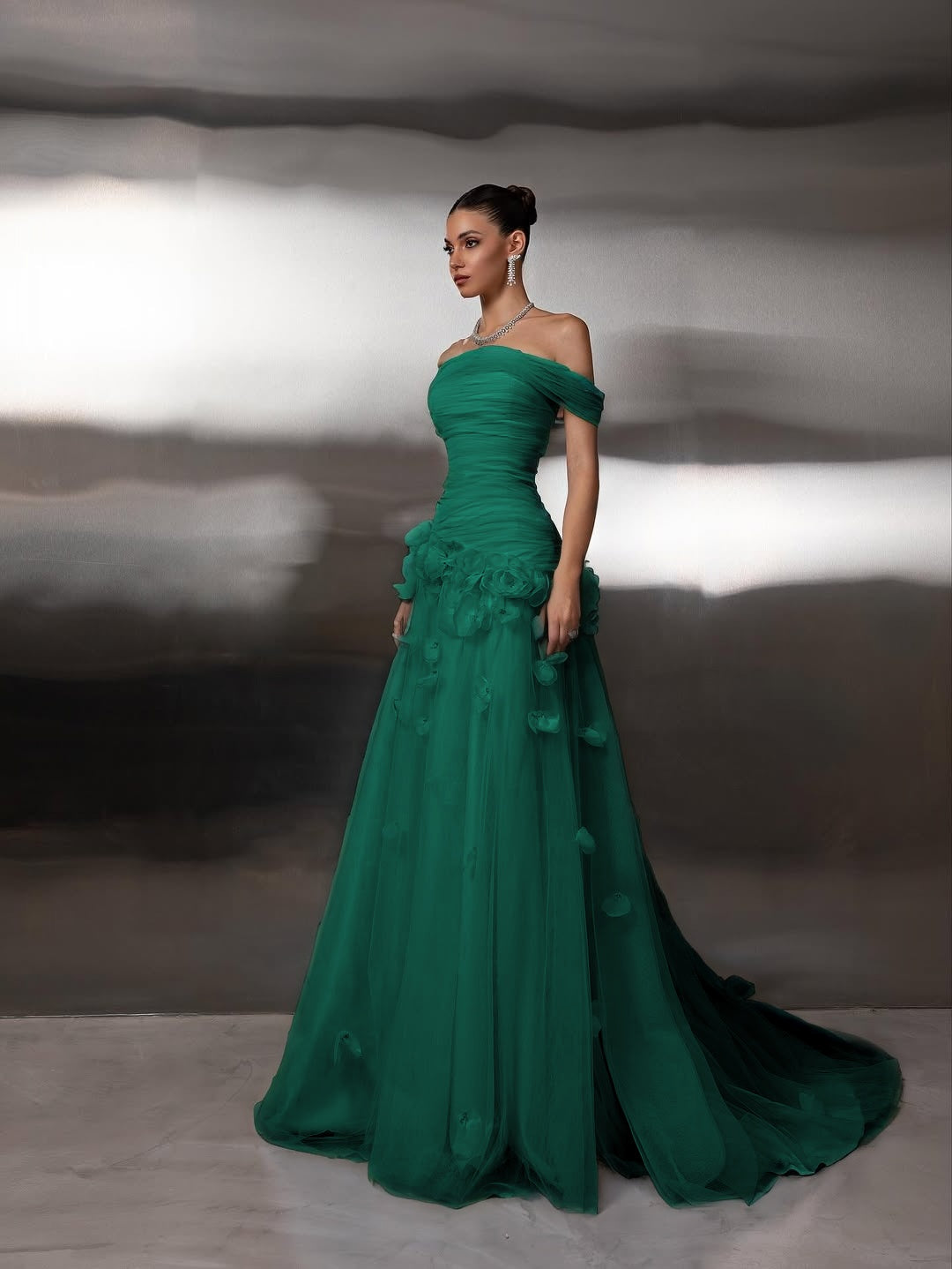 Chic Blue Tulle Off the Shoulder Floral Prom Dress with Pleated