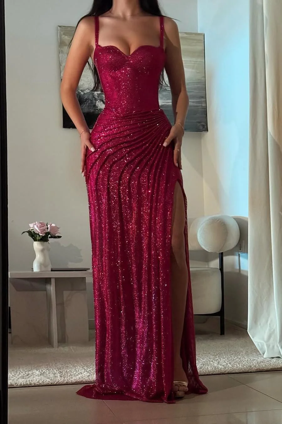 Amazing Fuchsia Sequins Spaghetti Strap Sweetheart Sleeveless Pleated Prom Dress with Split