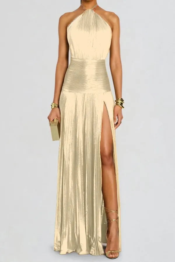 Charming Green Halter Sleeveless Backless Split Prom Dress with Pleated