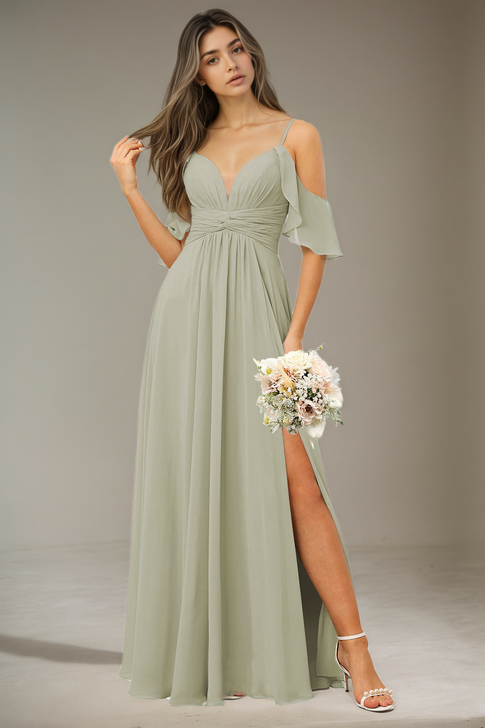 Simple Chiffon Spaghetti Strap Off the Shoulder Bridesmaid Dress with Split