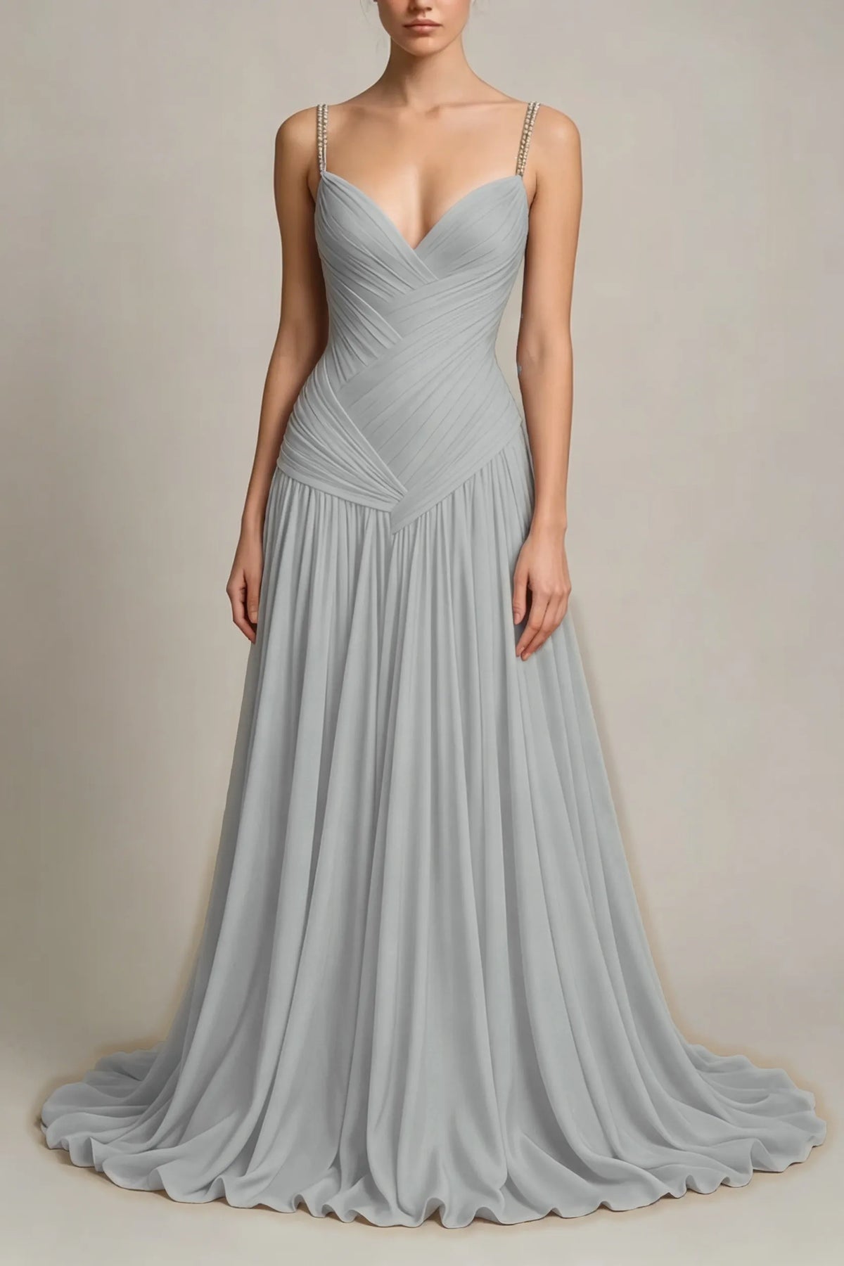 Charming Dusty Blue Sleeveless Spaghetti Strap Long Prom Dress with V Neck