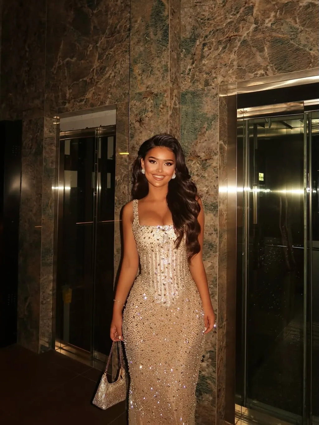Charming Champagne Sleeveless Spaghetti Strap Sequins Square Long Prom Dress with Mermaid