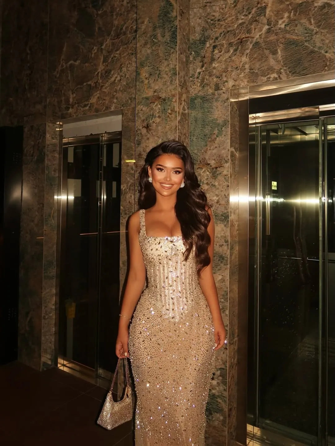 Charming Champagne Sleeveless Spaghetti Strap Sequins Square Long Prom Dress with Mermaid