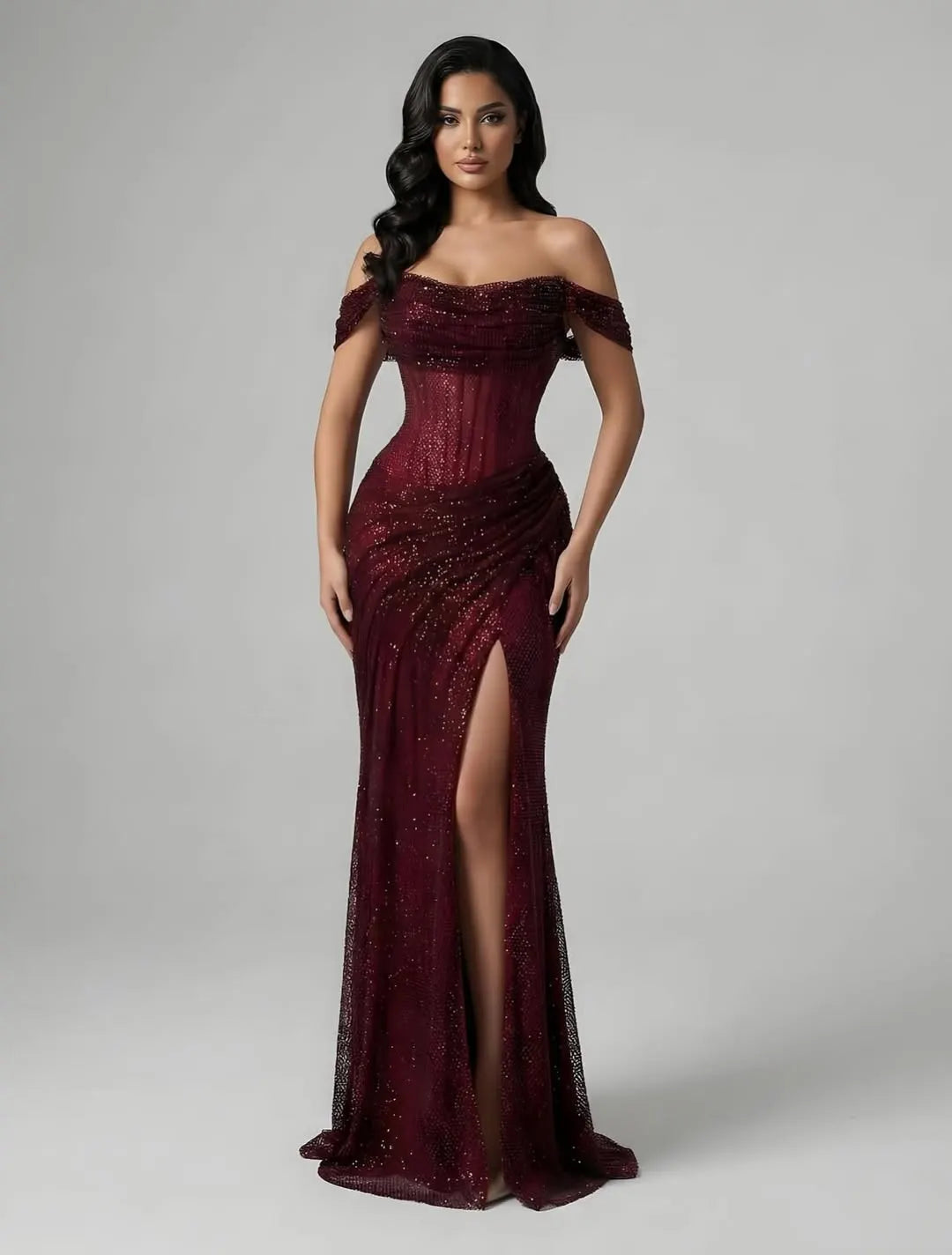 Charming Burgundy Off-The-Shoulder Pleated Prom Dress With Split