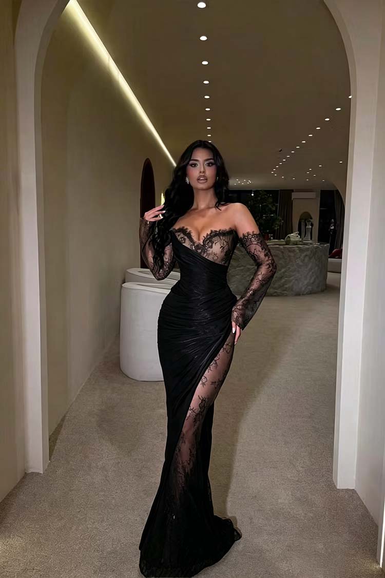Glamorous Brown Long Sleeves Strapless V Neck Long Prom Dress with Pleated