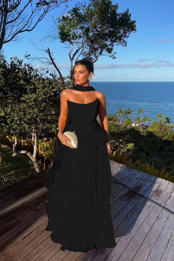 Chic Chiffon Strapless Sleeveless Pleated Prom Dress with Scarf