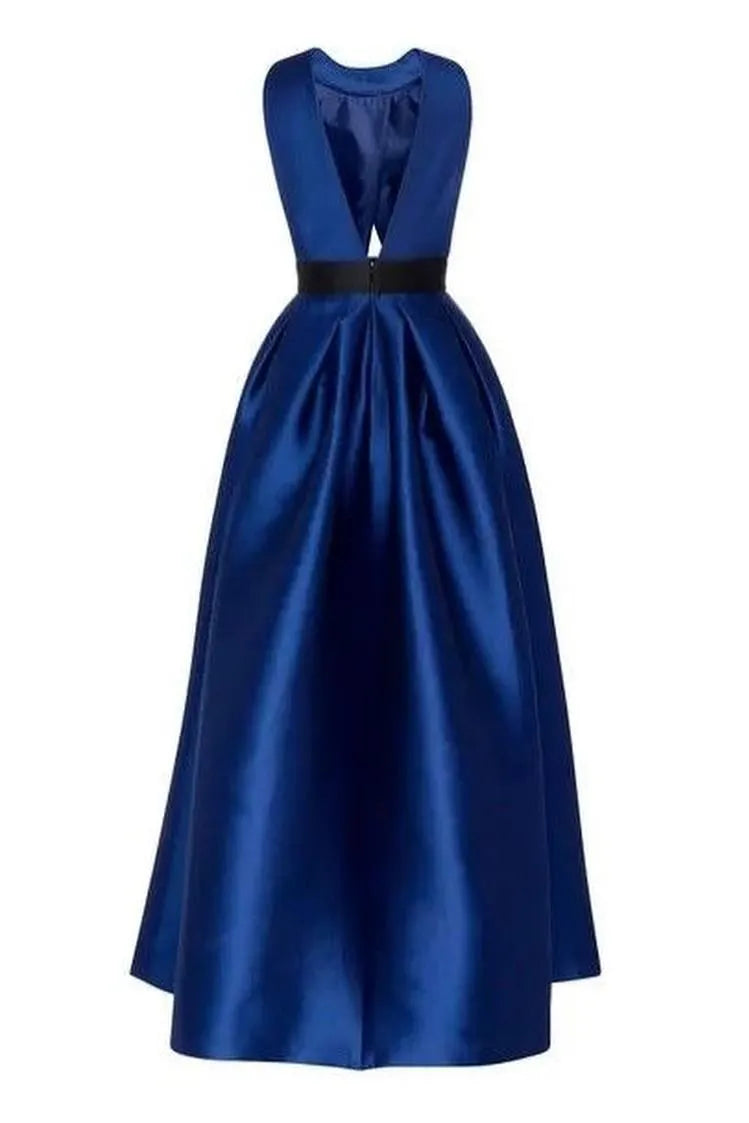 Exquisite Royal Blue Satin Halter Strapless Sleeveless A Line Prom Dress with Pleated
