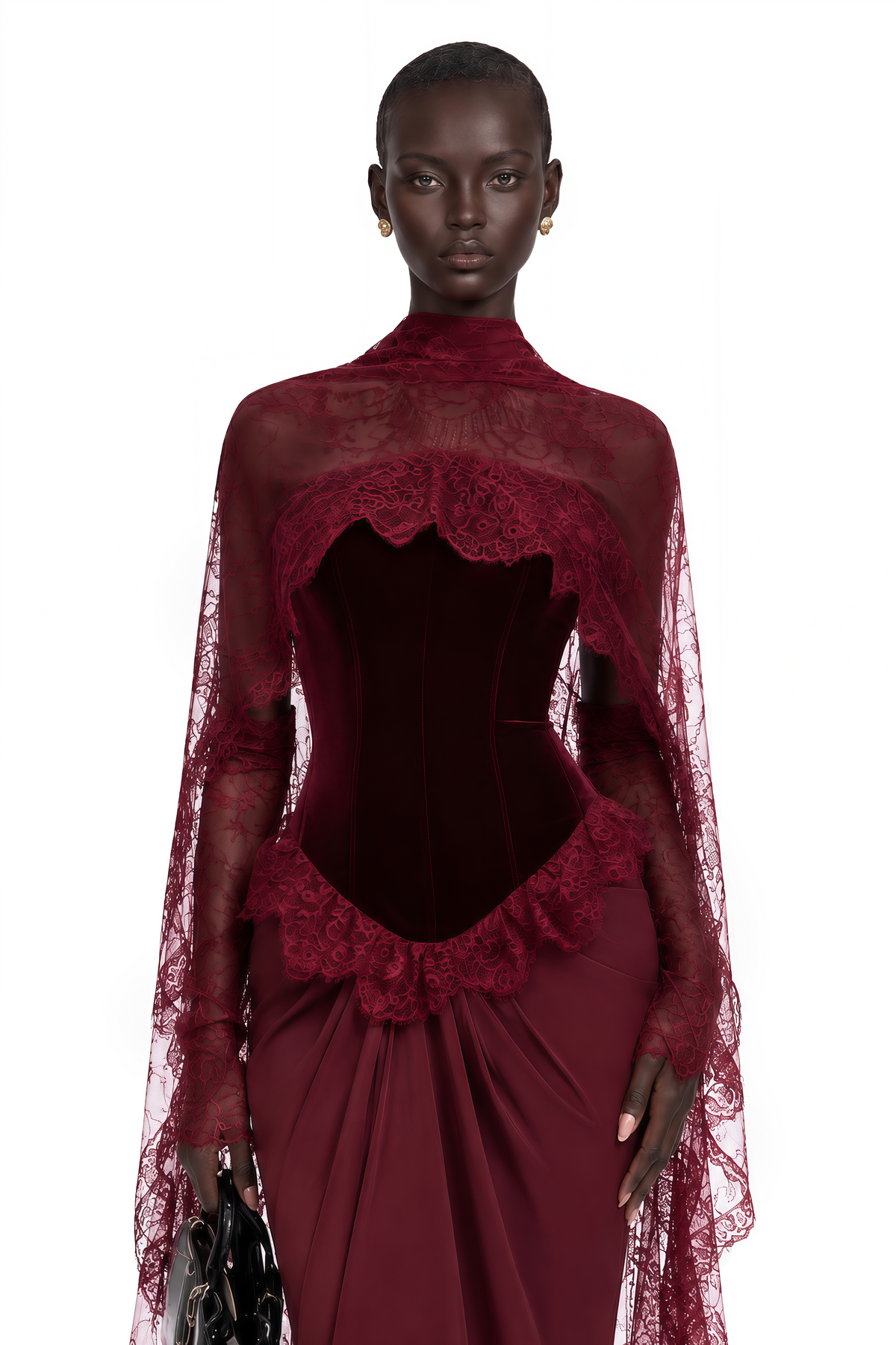 Seraphina Red Floral Lace Maxi Dress with Cape