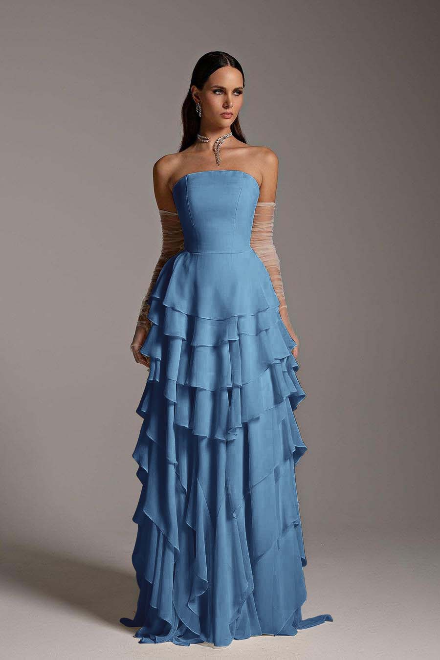 Charming Daffodil Chiffon Sleeveless Strapless Long Cake Prom Dress with Gloves