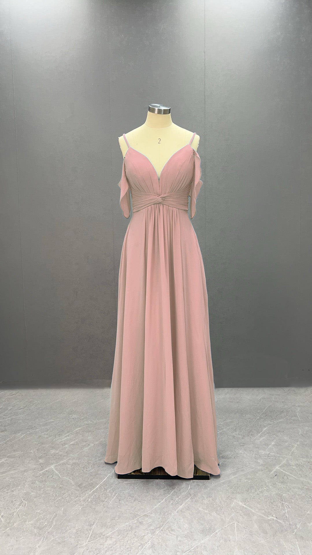 Simple Chiffon Spaghetti Strap Off the Shoulder Bridesmaid Dress with Split