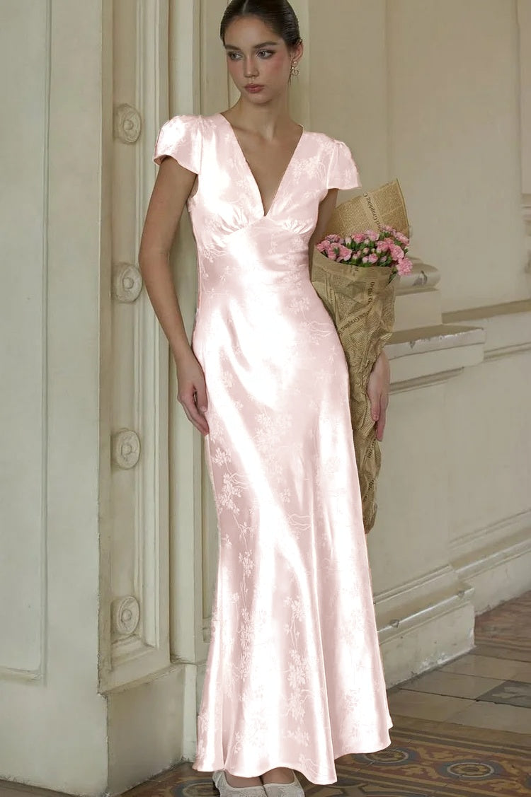 Stunning Silver Satin Sleeveless V Neck Long Prom Dress with Print