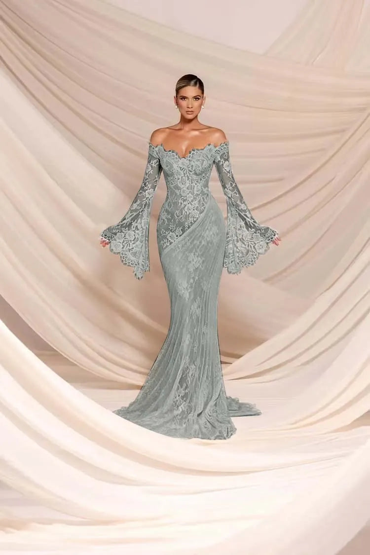 Charming White Lace Bateau Neck Long Sleeves Mermaid Wedding Dress
