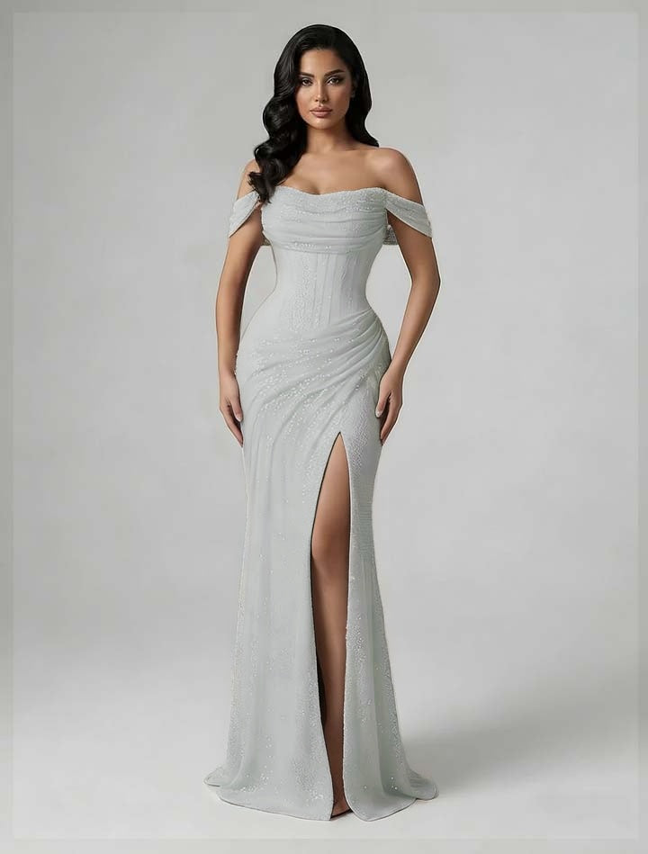 Charming Burgundy Off-The-Shoulder Pleated Prom Dress With Split