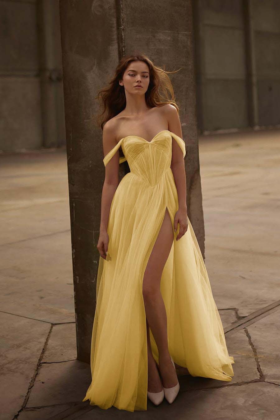 Beautiful Ivory Tulle Strapless Off the Shoulder Long Split Prom Dress with Ruffles