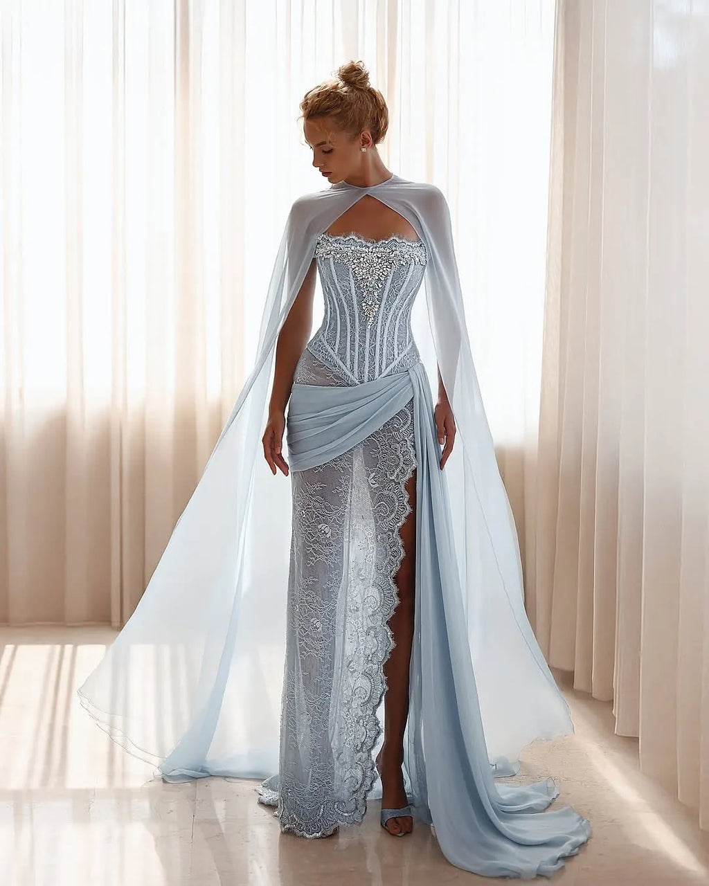 Chic Sky Blue Strapless Sleeveless Lace Split Train Prom Dress With Rhinestone