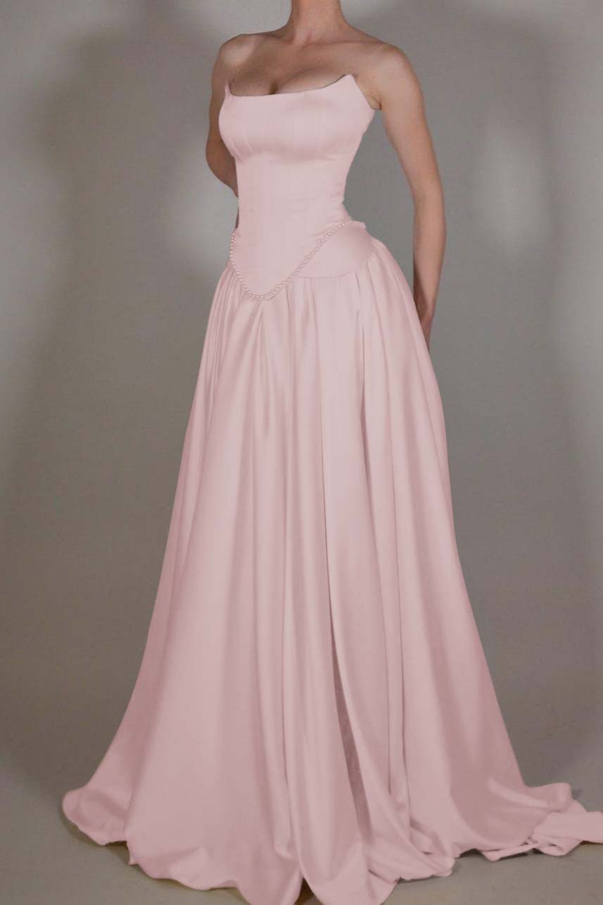 Exquisite Satin Ivory Sleeveless Strapless Long Pleated Prom Dress with Beadings