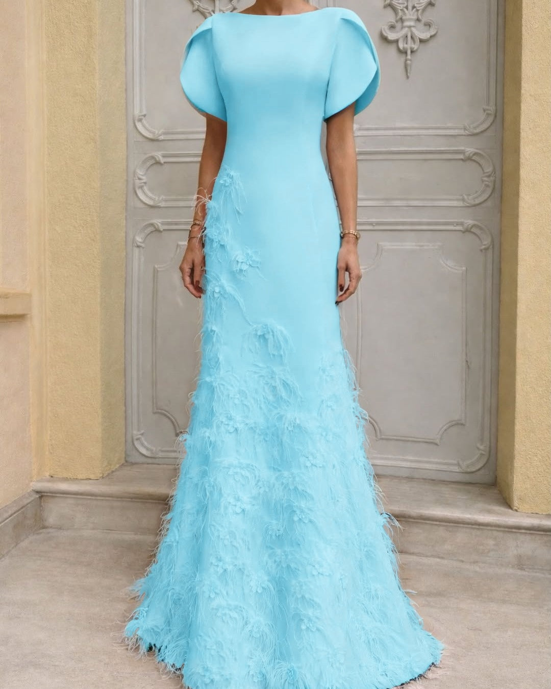 Majestic Pink Satin Sleeveless Applique Long Prom Dress with Feather