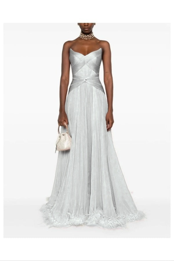 Chic Pink Sweetheart Sleeveless Pleated Prom Dress with Feather