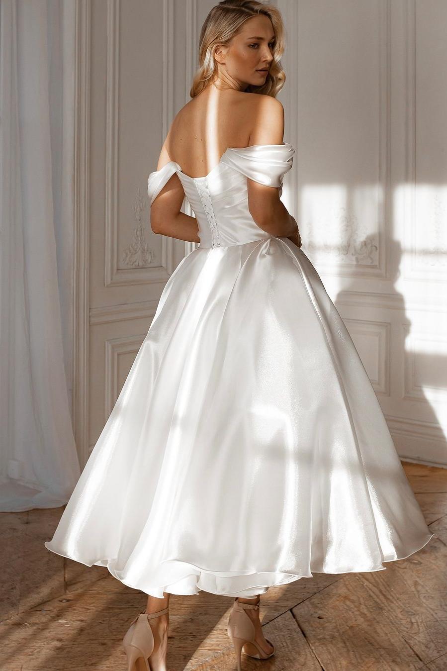 Exquisite White Satin Strapless Off the Shoulder A Line Prom Dress with Ruffles