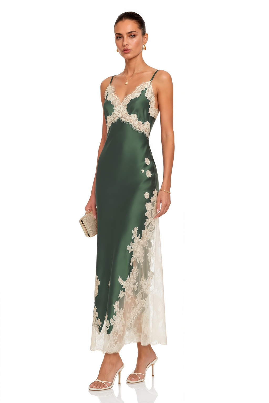 Aaliyah Green Satin Lace Trim Spaghetti Strap Maxi Dress