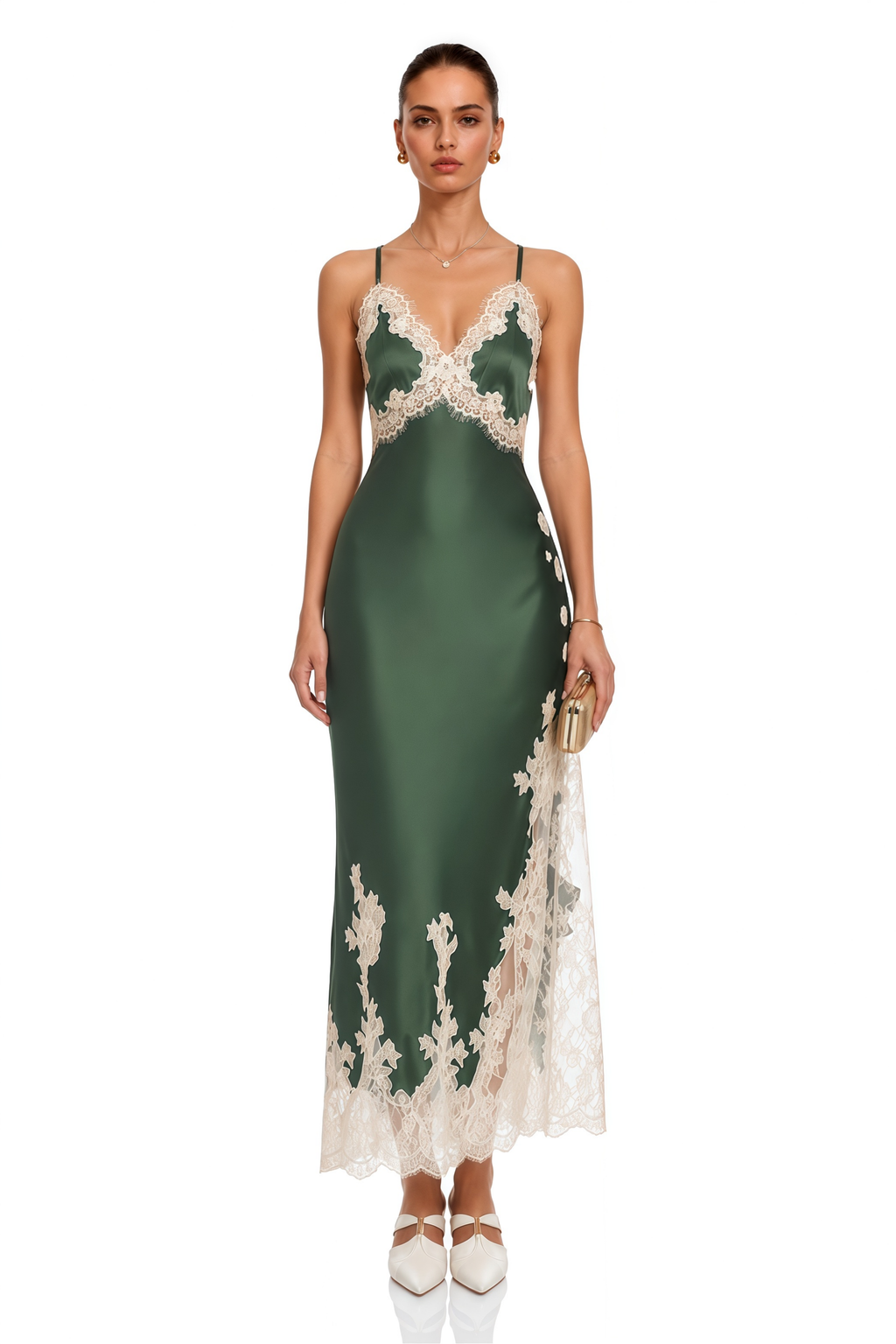 Aaliyah Green Satin Lace Trim Spaghetti Strap Maxi Dress