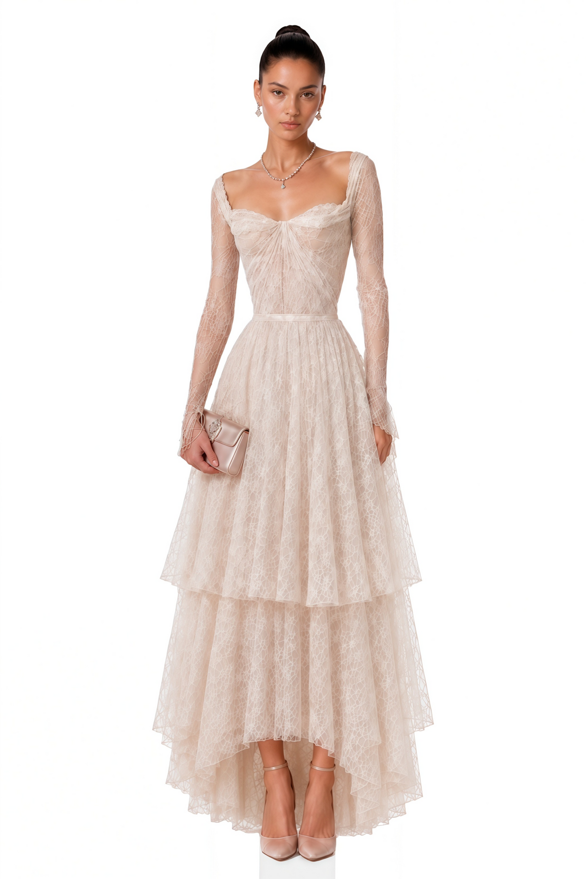 Aalto Neutral Lace Ruffled Maxi Dress with Slit