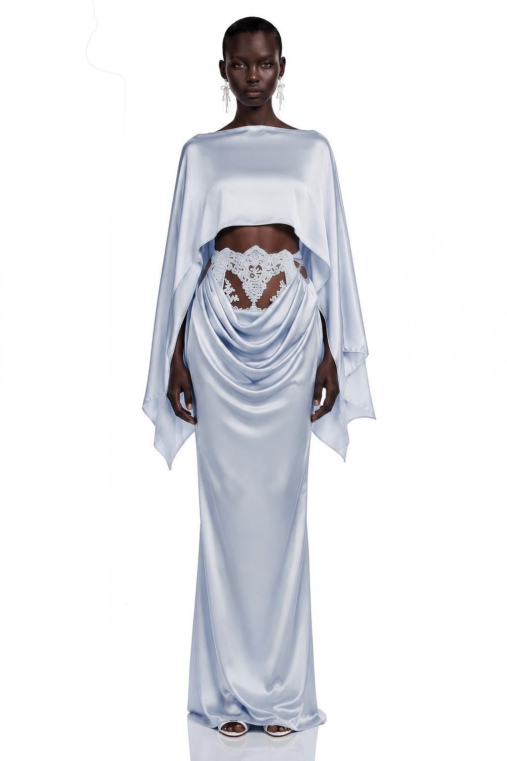Amelia Blue Cape Top & Draped Skirt Set with Lace Panels