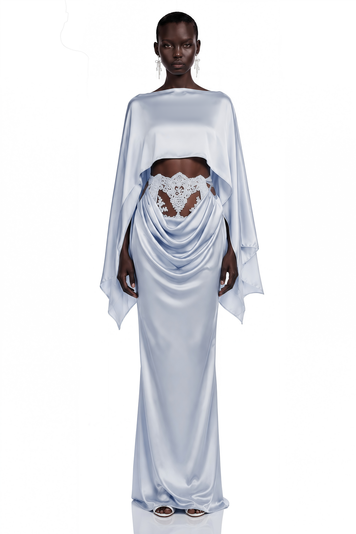 Amelia Blue Cape Top & Draped Skirt Set with Lace Panels